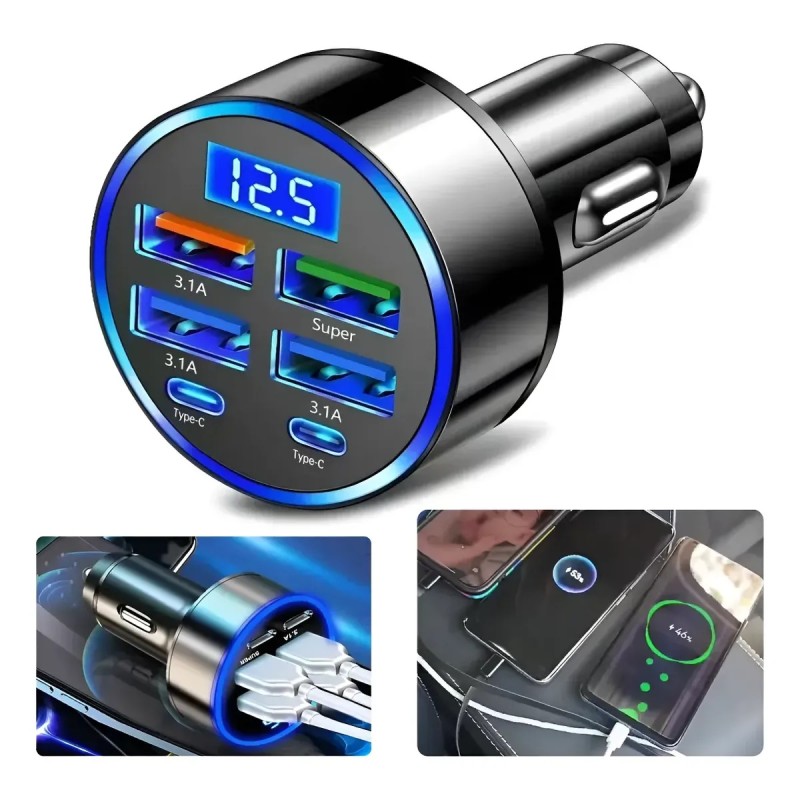 Cargador Para Automóvil Con 6 Puertos (USB 3.0 Tipo A Y Tipo C), Carga Rápida Inteligente QC
