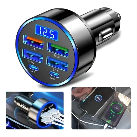 Cargador Para Automóvil Con 6 Puertos (USB 3.0 Tipo A Y Tipo C), Carga Rápida Inteligente QC