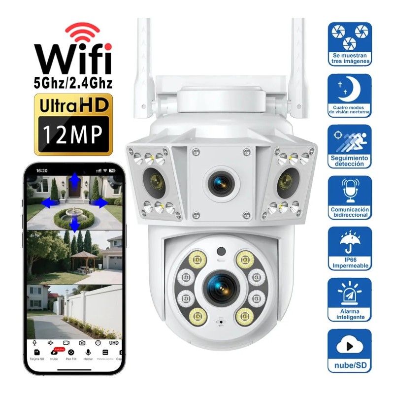 Cámara De Seguridad Exterior WiFi MVPSMART DQ8 Pro 12MP PTZ 360 (5G / 3 Vistas / Zoom 10X)